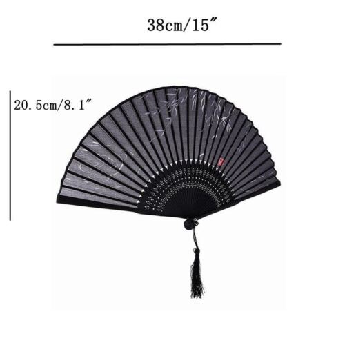 1PC soie noire style chinois pliable Hand Held Fan Avec Bambou Feuilles