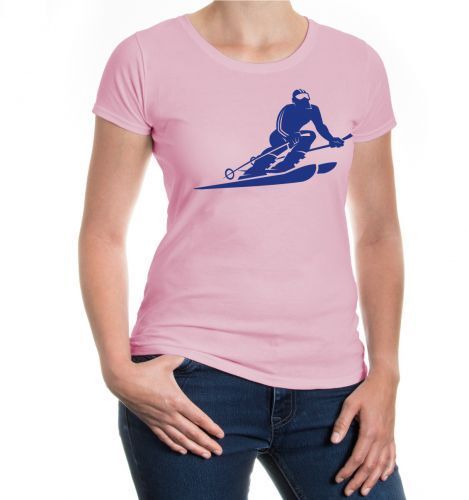 Damen Kurzarm Girlie T-Shirt Skiing Comicfigur Skifahren Skifahrer Piste Abfahrt