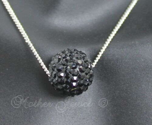 BEAUTIFUL BLACK 12MM CRYSTAL BALL STERLING SILVER FILLED GIRLS WOMANS NECKLACE 