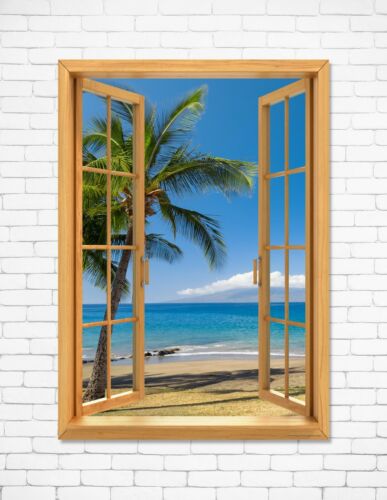 Window View Palm Tree Beach Ocean Sky Wall Art Decor Print 24x36&#034; LARGE POSTER P