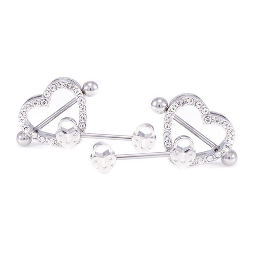 Heart Nipple Ring And Shields Set 14G Surgical Steel With Jewels