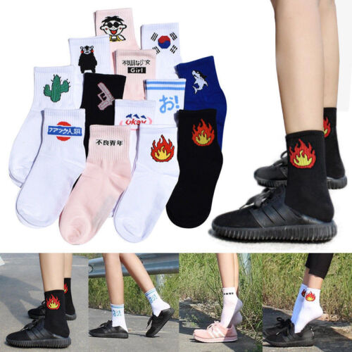 Women Men Funny Cotton Socks Harajuku Fire Print Unisex Casual Sports Short Sock 