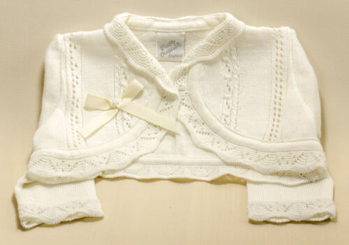 Pretty Original  Knitted White Pearl & Bow Bolero size 6m-5years style JP35100 
