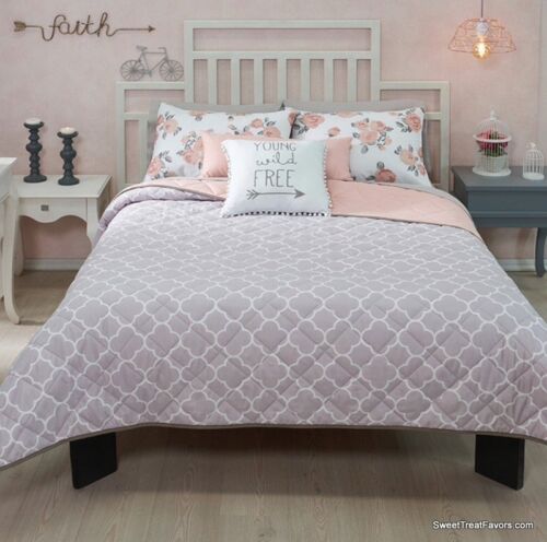 NEW FREE GRAY//PINK TEENS GIRLS Reversible Comforter SET 5 PCS QUEEN//FULL SIZE
