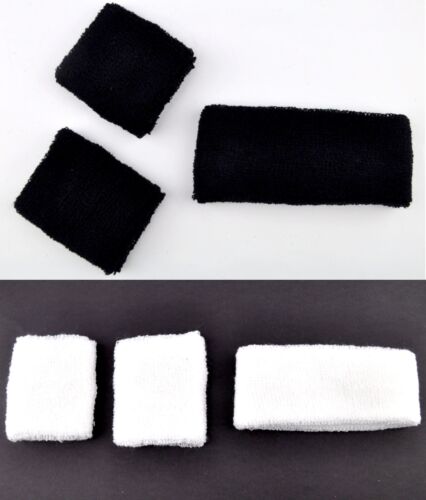 Set of 3 Sports Sweatband Wristband Headband Tennis Gym Yoga Plain Black White