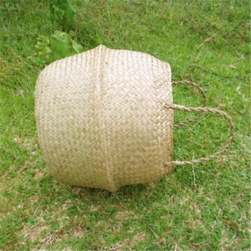Basket Rattan Folding Wicker Handle Round Natural Sea Grass Plant Storage WoodPH