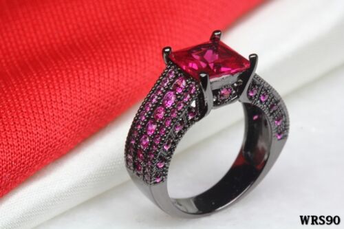 Gothic Hot Pink Sapphire Black Rhodium Plated Bridal Engagement Wedding Rings