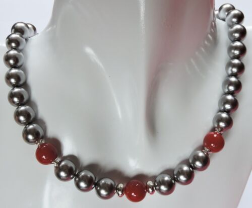 Muschelkern Grau Rot 38-40-42-45-48-50 cm Perlen Kette Silber 925 10 mm wählen 