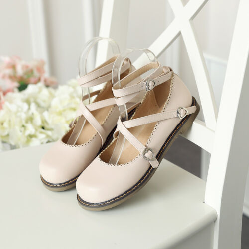 Casual New Cross Strap Womens Lolita Mary Jane Round Toe Pumps Buckle Flat Shoes 