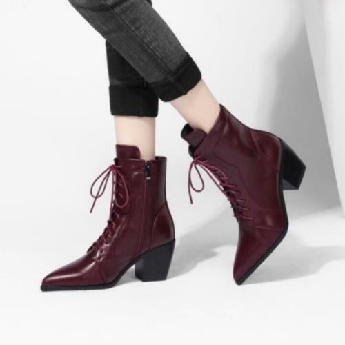 Details about  / Europe Women/'s Casual Pointy Toe Block Mid Heel Lace Ups Ankle Boots Winter L