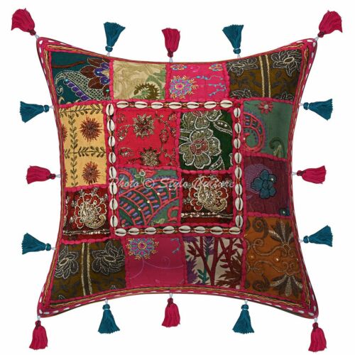 Indian Cotton Decorative Pillows Pink 16x16 Patchwork Floral Cushion Cover 