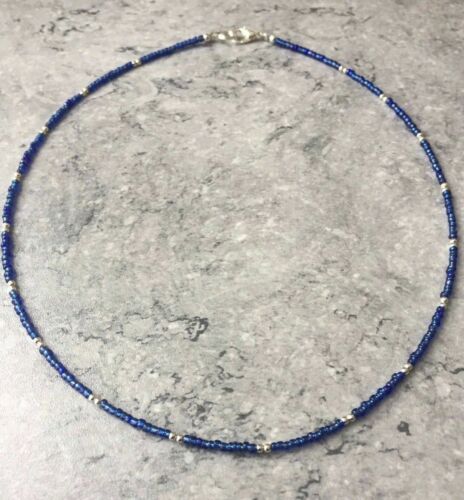DAINTY 2MM NAVY BLUE GLASS SEED /& SILVER PLATED BEAD NECKLACE 18/" UNWANTED GIFT