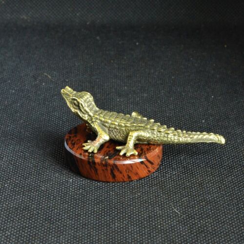 Art Deco Bronze Animals Crocodile Alligator Statuette Figurine W/ Obsidian Stand 