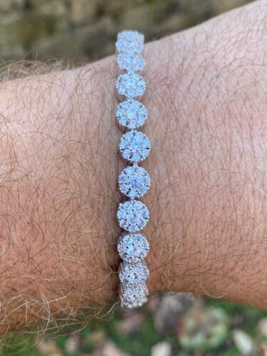 Real Solid 925 Sterling Silver Mens Iced Flooded Out Cluster Tennis Bracelet 7mm 