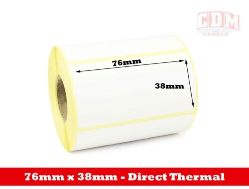 76 x 38mm Direct Thermal Labels with Perf 1,500 per roll for Zebra type printer.