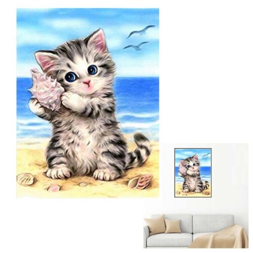 DIY 5D Beach Cat Rhinestone Painting Cross Stitch Kit Embroidery Home Decor