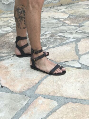 mens genuine leather gladiator sandals strap ankle high toe ring cuff Greek