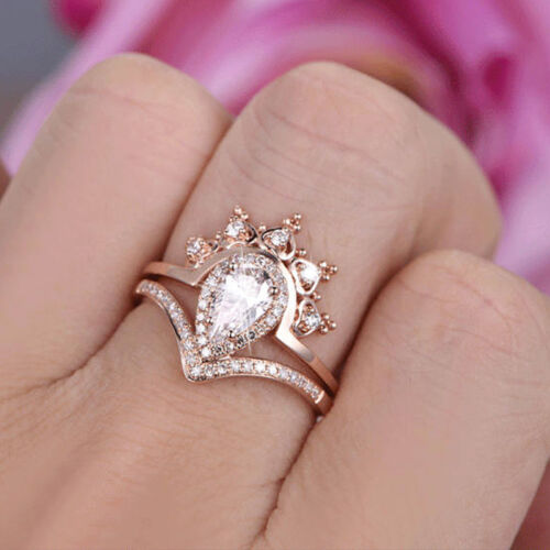 Queen crown rose gold filled women wedding ring pear cut white sapphire size6-10 