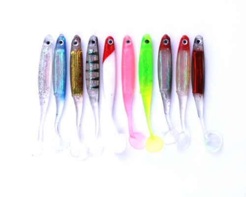 10pcs Soft Plastic Lure Bass Grubs T-Tailed Fishing Worm Bait Artificial Tackle 