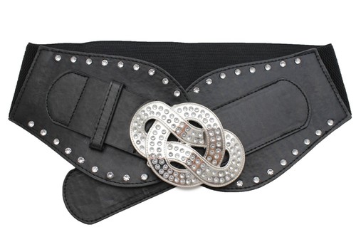 Women Elastic Belt High Waist Hip Silver Metal Infinity Buckle Wide Fashion S M