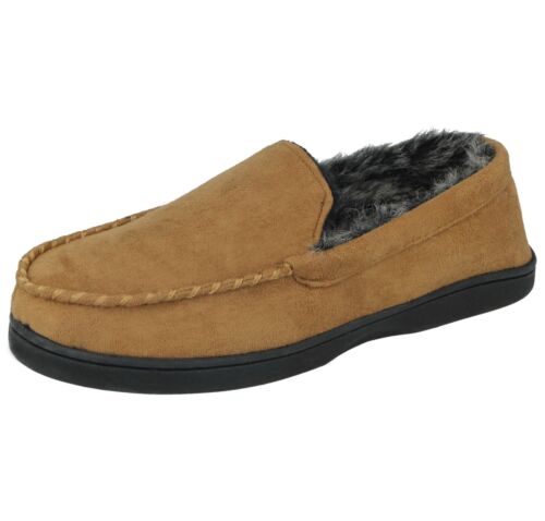 Mens Faux Suede Two Tone Warm Fur Lined Slip On Warm Moccasin Slippers Size UK