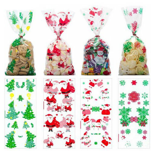 50Pcs Xmas Plastic Bags Cookie Candy Packing Santa Tree Holiday Party Supplies