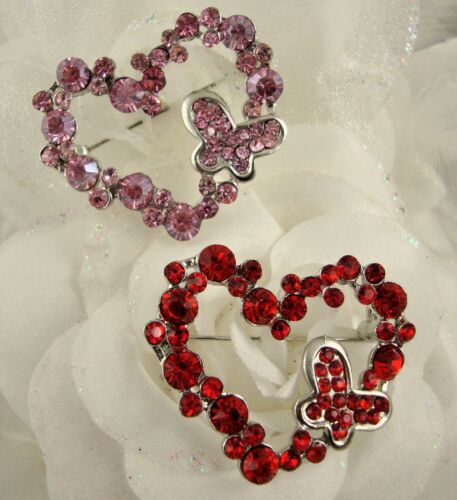 SILVER TONE PINK OR RED HEART AND BUTTERFLY RHINESTONE CRYSTAL BROOCH
