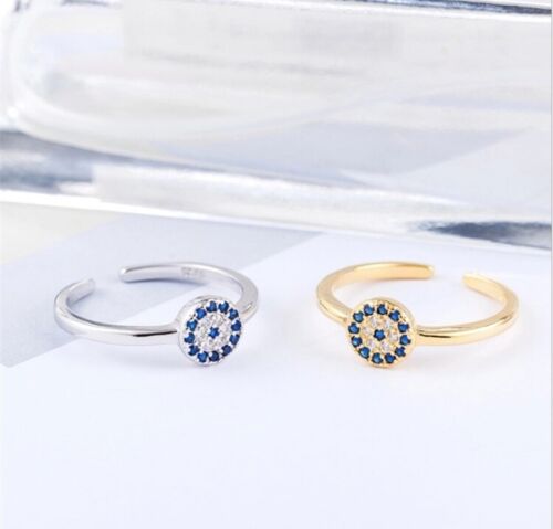 Blue Delicate Evil Eye Adjustable Fashion ring gold Silver Sterling 925 uk gift