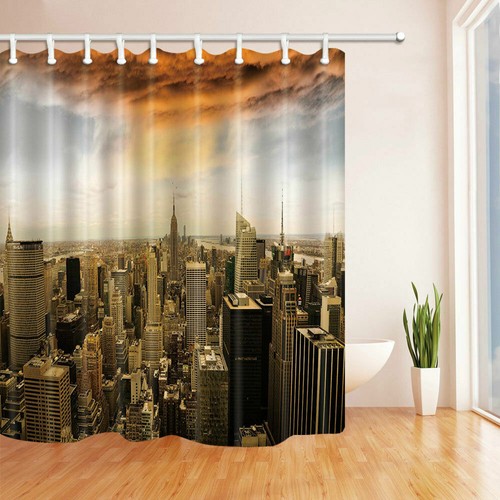 New York Scenery Bathroom Waterproof Fabric Shower Curtain Liner Bath Mat Set