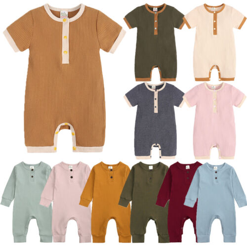 Newborn Baby Girls Boy Ribbed Romper Bodysuit Jumpsuit Summer Outfits Clothes UK