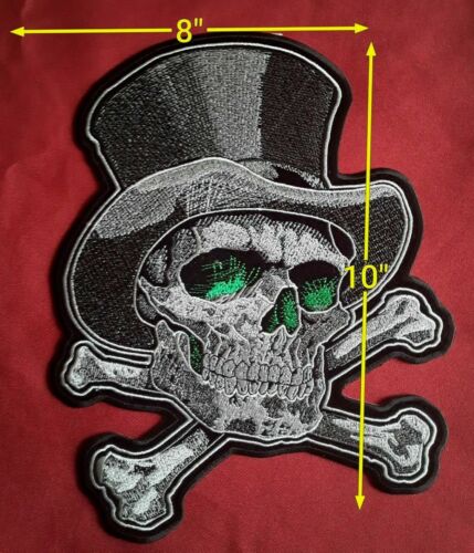 Details about  / Skull /& Crossbones 10/'/'x 8/'/' With Top Hat green Eyes Iron On Patch FREE Shipping
