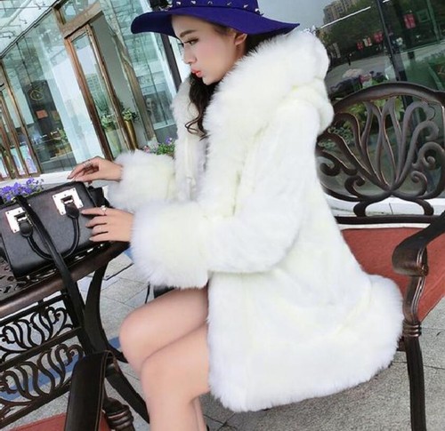 Womens Real Rabbit Fur Furry Winter Hooded Long Jacket Thicken Coat Warm Ske15