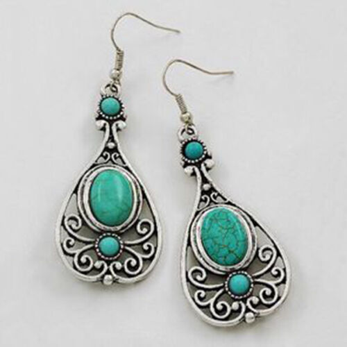 Retro Silver Turquoise Dangle Drop Earrings Ear Hook Moonstone Women Jewellery
