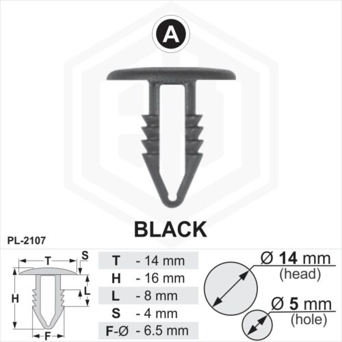 50 x Plastique Noir Sapin TRIM CLIPS 6 mm Trou 14 mm Tête Voiture Universel Bouchons