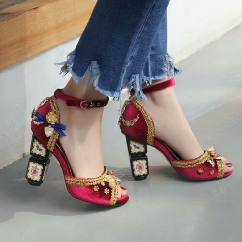 Details about  / Women Open Toe Shoes Rhinestone Pearl Trendy Block High Heel Sandals Wedding Hot