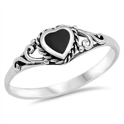 Heart Ring Genuine Solid Sterling Silver 925 Black Onyx Face Height 6 mm Size 9
