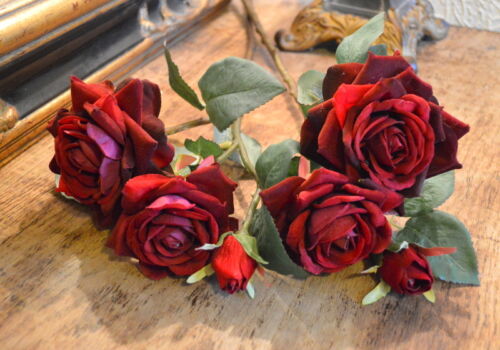 Artificial Luxury Silk Flowers Bunch of 9 Rich Red Velvet Roses & Rose Buds 