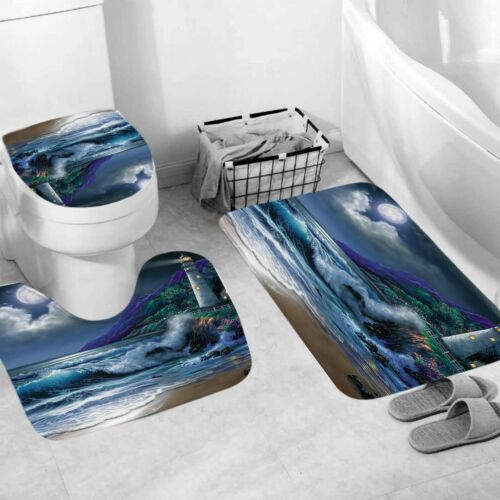 Coast Shower Curtain Bathroom Rug Set Thick Bath Mat Non-Slip Toilet Lid Cover 