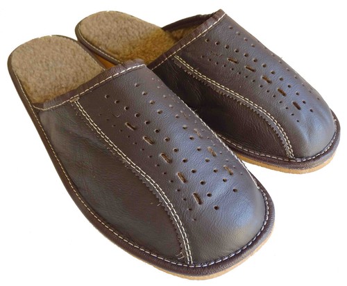 Señores de cuero zapatillas de casa pantuflas marrón oscuro con forro de cordero talla 42-47