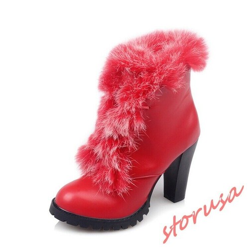 Size 34-48 high Block Heel Furry Snow Boots Women Lady Front Lace UP Ankle Boots