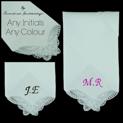 100/% COTTON EMBROIDERED PERSONALISED BUTTERFLY CORNER HANDKERCHIEF INITIALS NAME