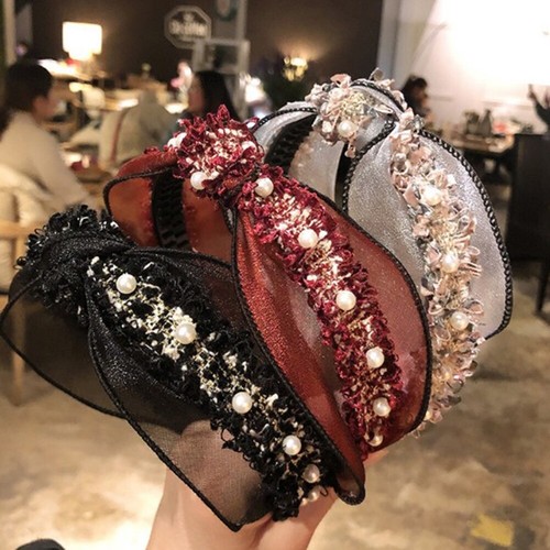 Frauen Krawatte Spitze Hairband Stirnband Perle Knoten Bands Hoop Haar Zubehör