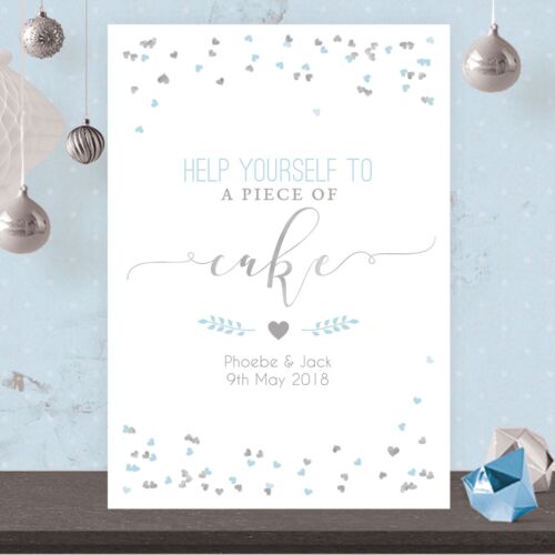Personalised Wedding Cake Table Sign Poster Light Blue & Silver Effect SLB13 
