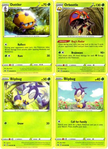 Raro Lote De 4 cartas Sword /& Shield Pokemon Evolution Set-orbeetle 019//202
