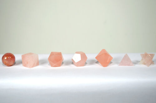 7pcs Rose Quartz Crystal Sacred Geometry Set w// Wooden Box Platonic Solids 1 SET