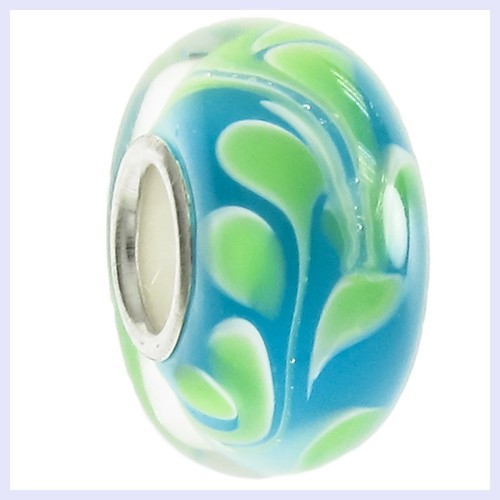 Green Blue Swirl Glass Bead w// Sterling Silver Core for European Charm Bracelet