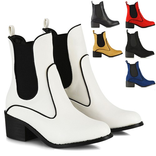 Womens Ankle Boots Block Low Mid Heel Ladies Western Pull On Gusset Chelsea Shoe