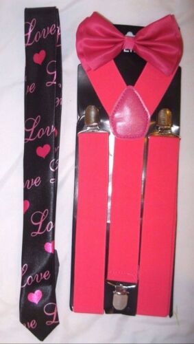 Pink-Adjustable-Bow-Tie-Love-Hearts-Necktie-Solid-Pink-Y-Back-Suspenders-Combo