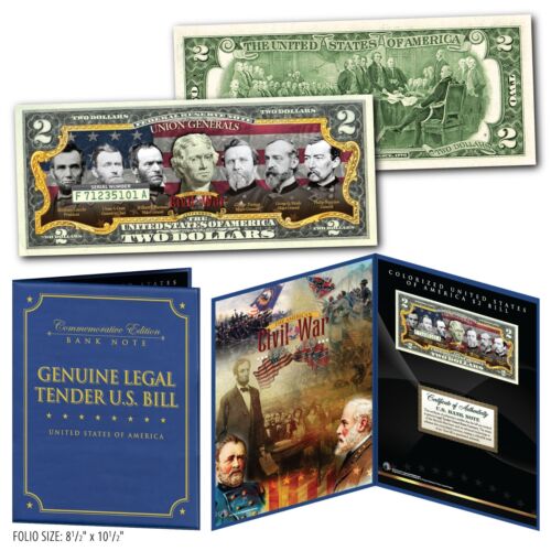 $2 Bill in Large Folio Display American Civil War UNION GENERALS Genuine U.S 