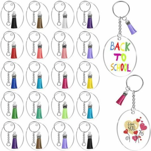 72//90PCS Clear Round Keychain Blanks with Tassel Pendants for DIY Keychain Craft